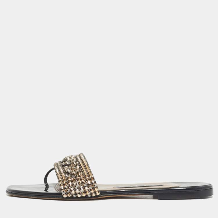 Pre Owned Gina Black Leather Crystal Embellished Leather Flat Slides Size 37.5