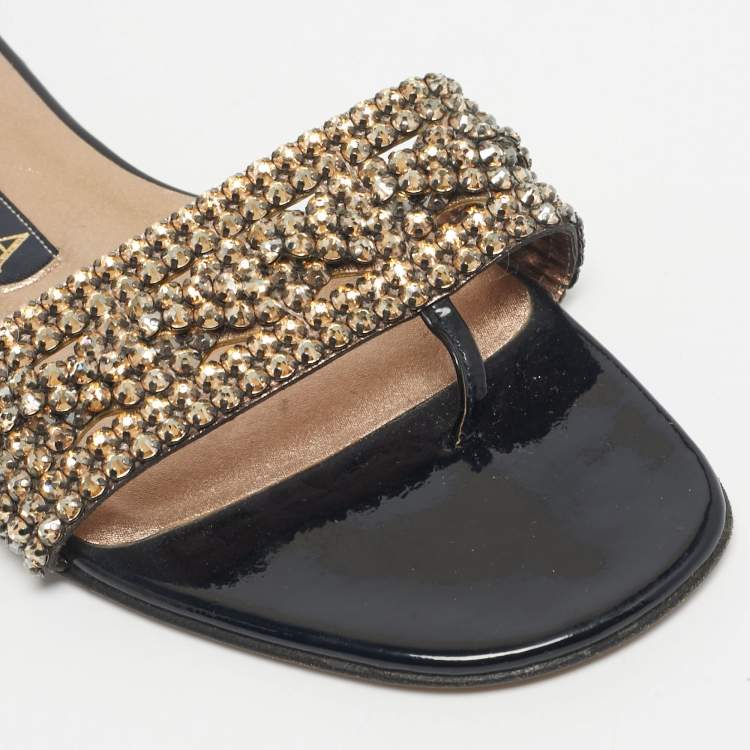 Pre Owned Gina Black Leather Crystal Embellished Leather Flat Slides Size 37.5