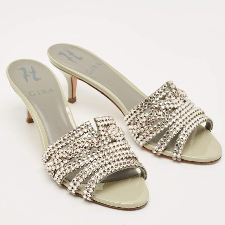 Pre Owned Gina Grey Patent Leather Crystal Embellished Slide Sandals Size 36.5
