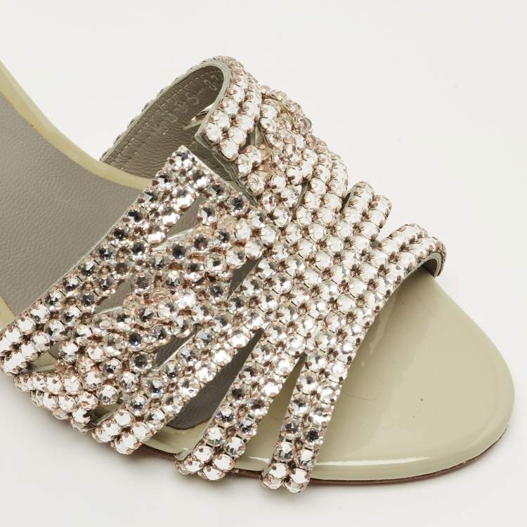 Pre Owned Gina Grey Patent Leather Crystal Embellished Slide Sandals Size 36.5