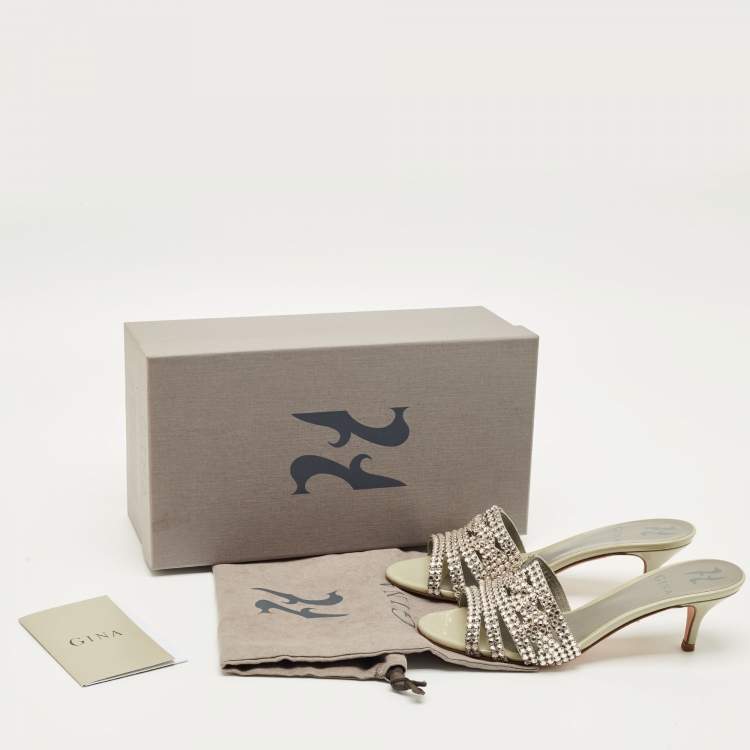 Pre Owned Gina Grey Patent Leather Crystal Embellished Slide Sandals Size 36.5