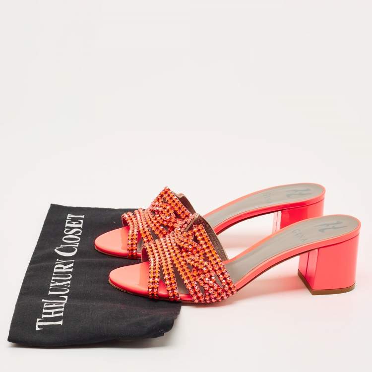 Pre Owned Gina Orange Patent Leather Crystal Embellish Arizona Slide Sandals Size 36.5