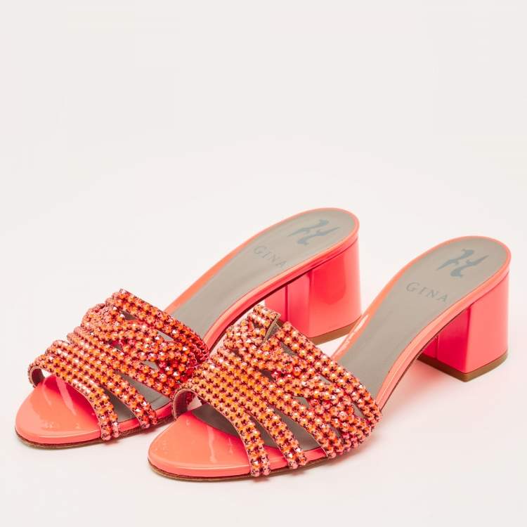 Pre Owned Gina Orange Patent Leather Crystal Embellish Arizona Slide Sandals Size 36.5