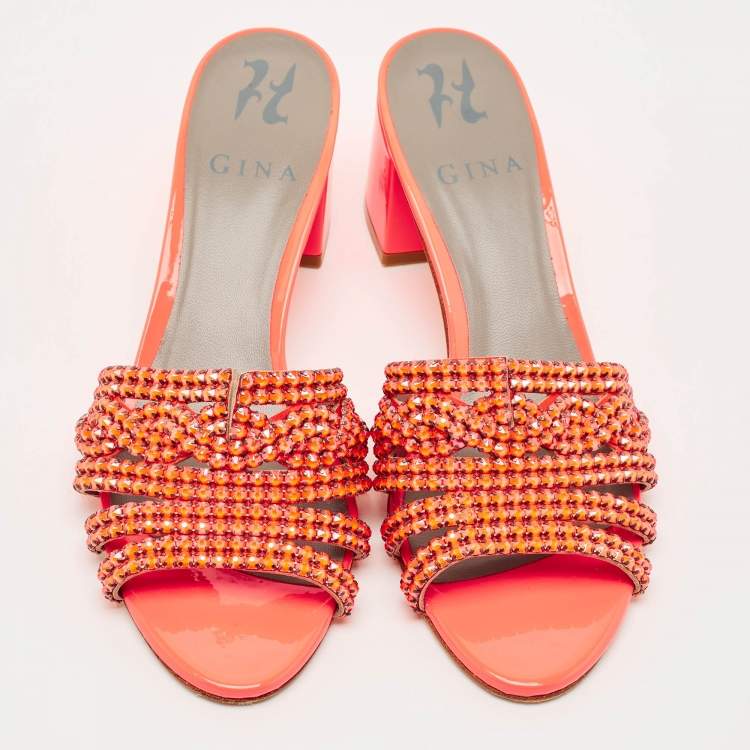 Pre Owned Gina Orange Patent Leather Crystal Embellish Arizona Slide Sandals Size 36.5