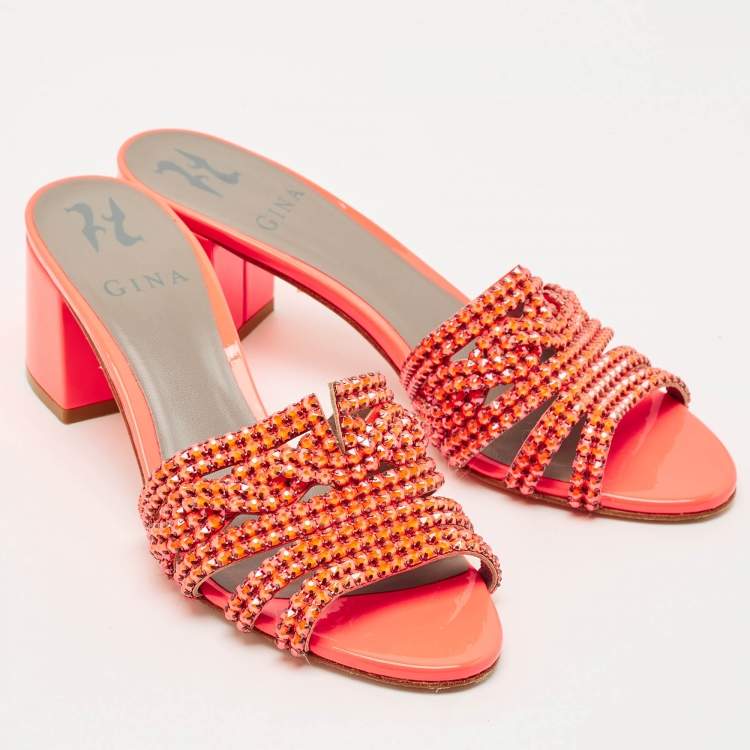 Pre Owned Gina Orange Patent Leather Crystal Embellish Arizona Slide Sandals Size 36.5