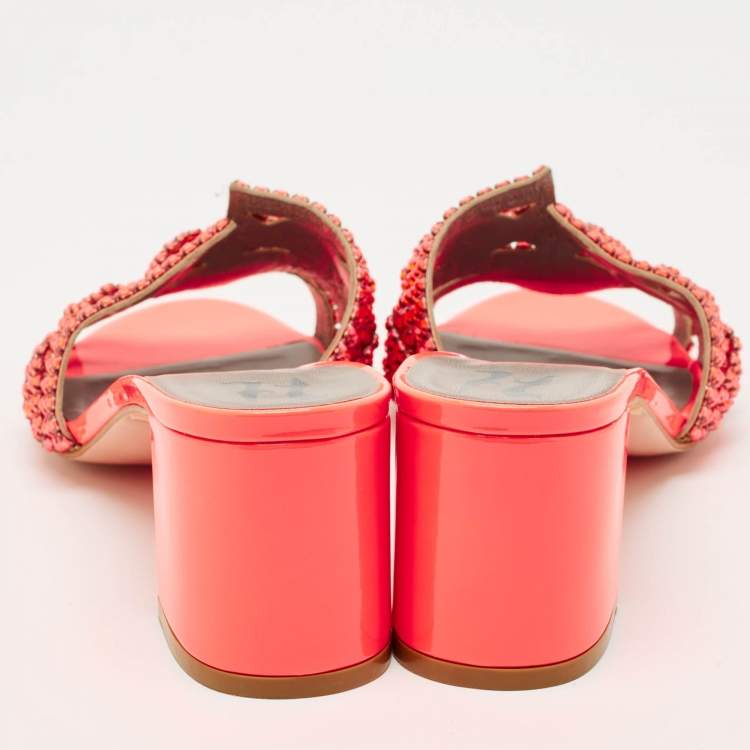 Pre Owned Gina Orange Patent Leather Crystal Embellish Arizona Slide Sandals Size 36.5