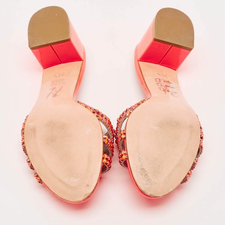 Pre Owned Gina Orange Patent Leather Crystal Embellish Arizona Slide Sandals Size 36.5
