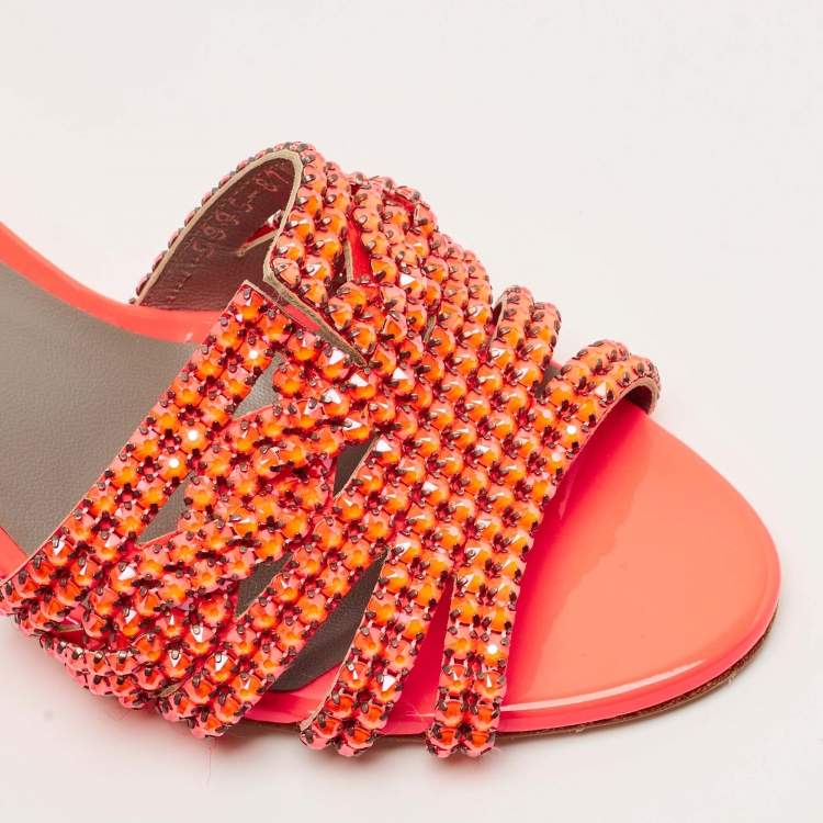 Pre Owned Gina Orange Patent Leather Crystal Embellish Arizona Slide Sandals Size 36.5