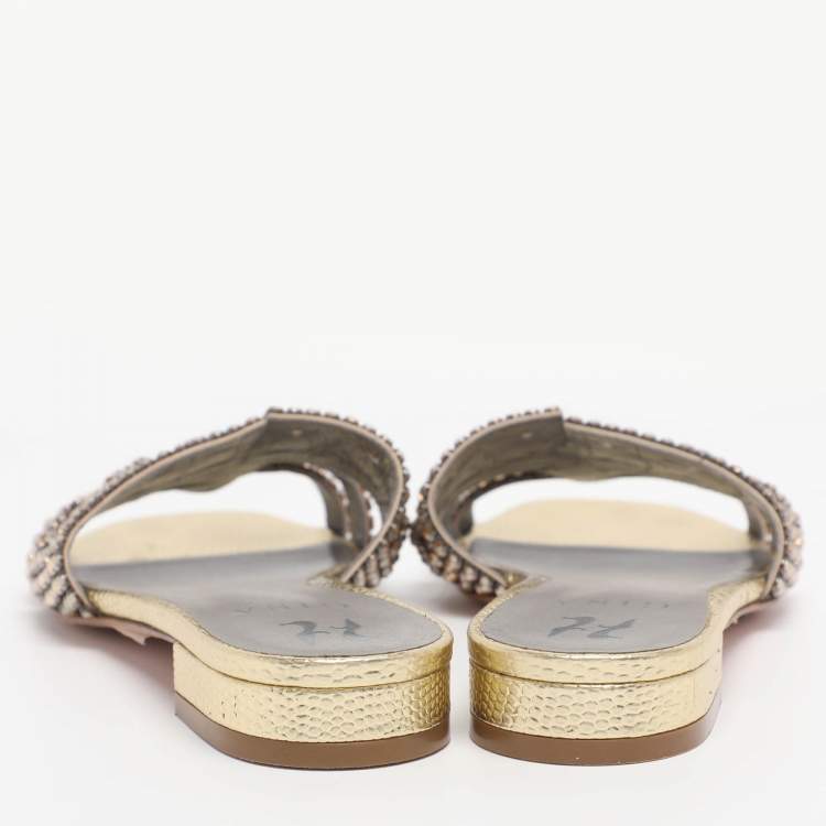 Pre Owned Gina Gold Leather Crystal Embellished Flat Slide Sandals Size 38.5