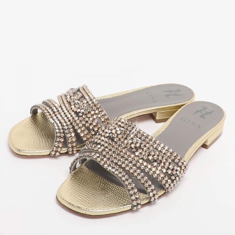 Pre Owned Gina Gold Leather Crystal Embellished Flat Slide Sandals Size 38.5