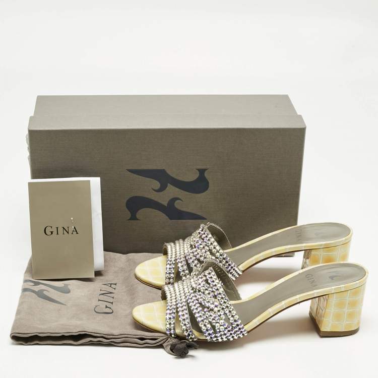 Pre Owned Gina Green Croc Embossed Leather Visage Crystal Embellished Slides Sandals Size 38