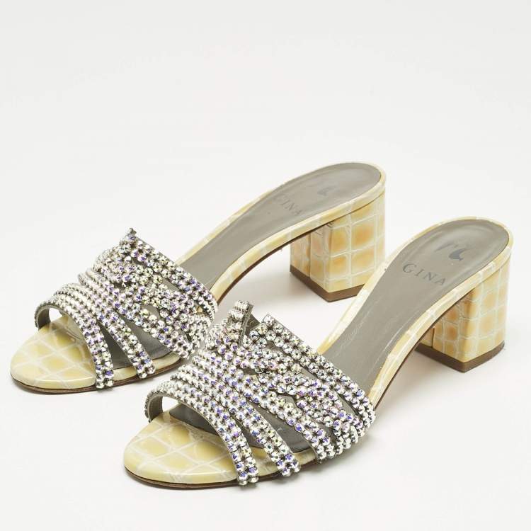 Pre Owned Gina Green Croc Embossed Leather Visage Crystal Embellished Slides Sandals Size 38