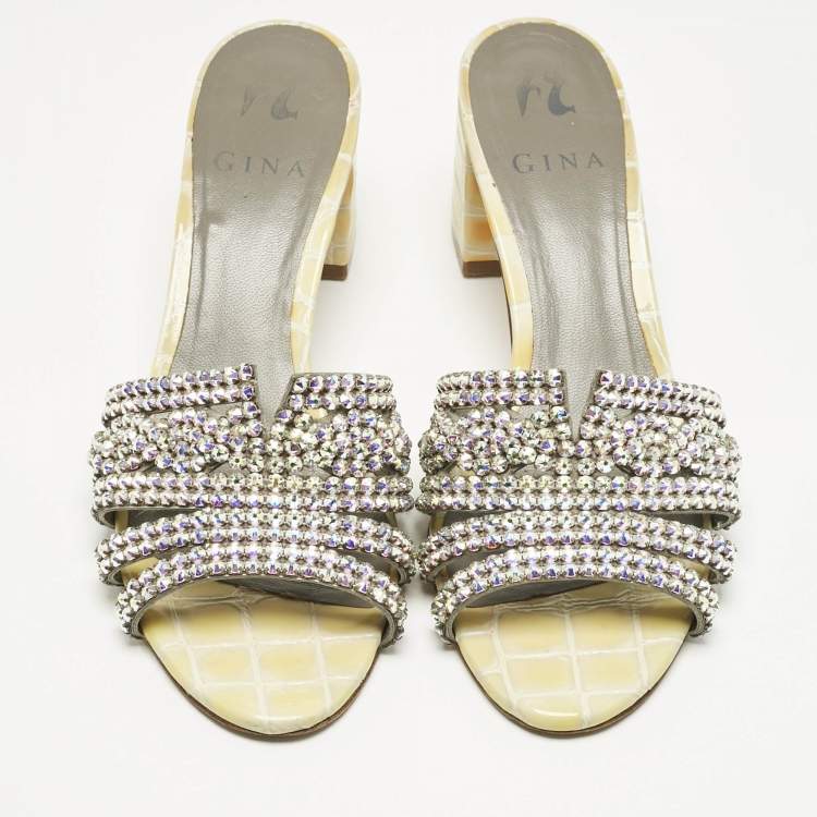 Pre Owned Gina Green Croc Embossed Leather Visage Crystal Embellished Slides Sandals Size 38