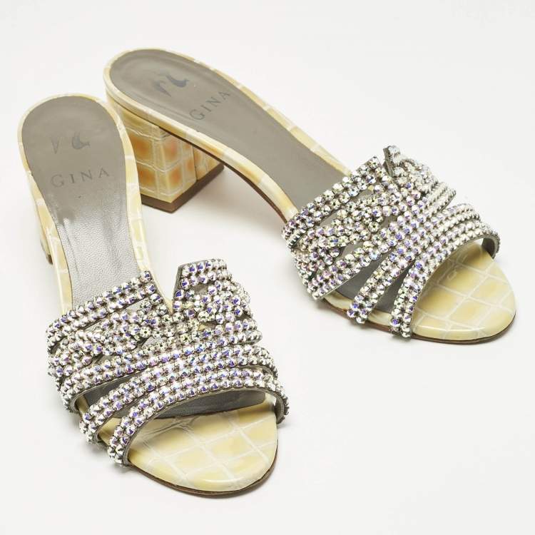 Pre Owned Gina Green Croc Embossed Leather Visage Crystal Embellished Slides Sandals Size 38