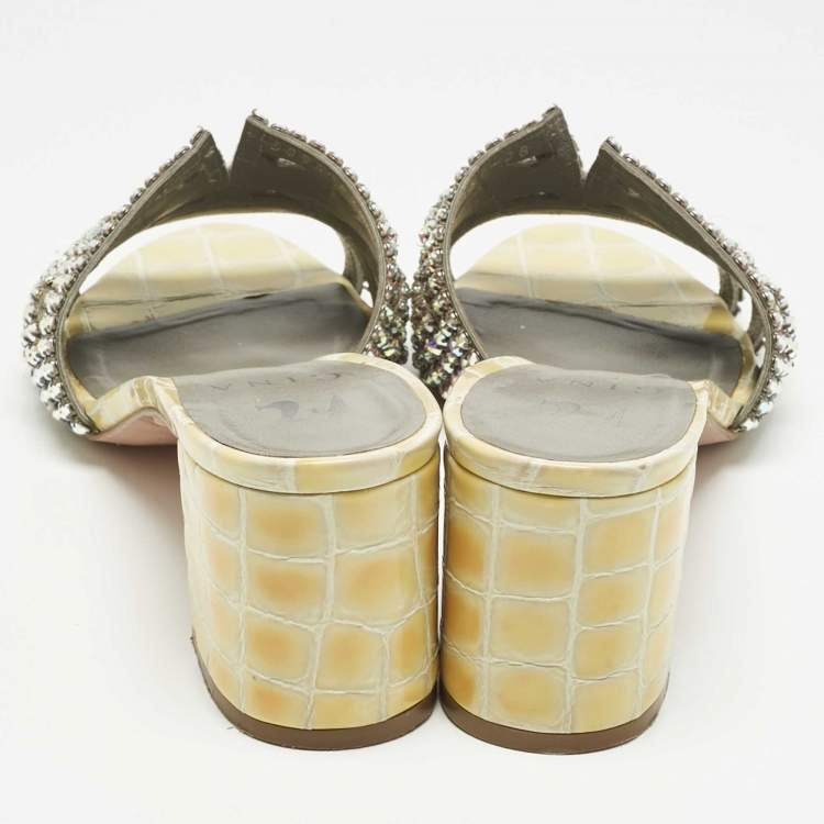 Pre Owned Gina Green Croc Embossed Leather Visage Crystal Embellished Slides Sandals Size 38