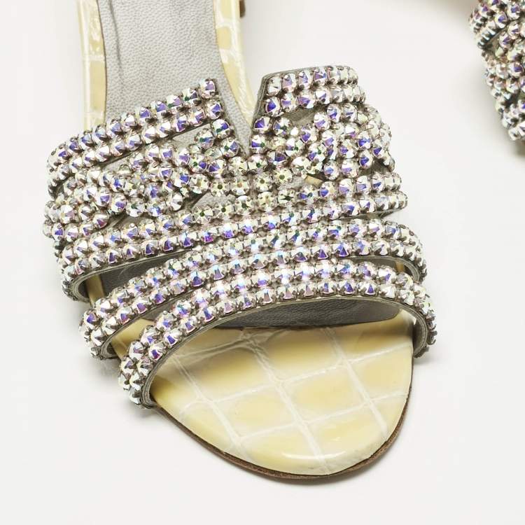 Pre Owned Gina Green Croc Embossed Leather Visage Crystal Embellished Slides Sandals Size 38