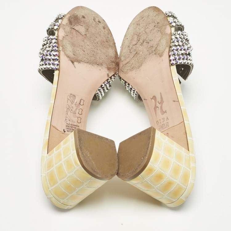 Pre Owned Gina Green Croc Embossed Leather Visage Crystal Embellished Slides Sandals Size 38