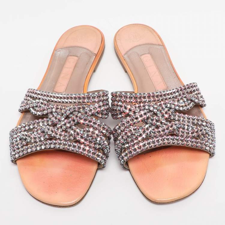 Pre Owned Gina Coral Leather Crystal Embellished Flat Sandals Size 38.5