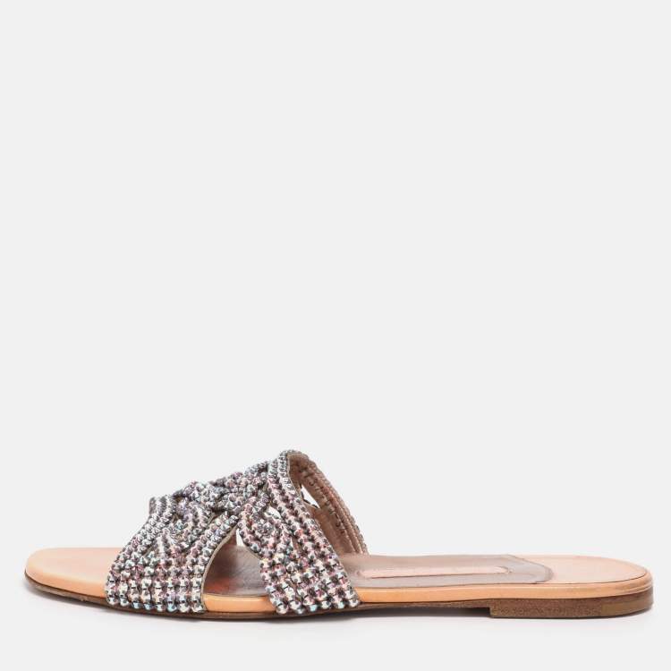 Pre Owned Gina Coral Leather Crystal Embellished Flat Sandals Size 38.5