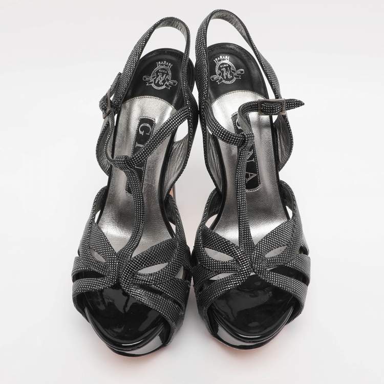 Pre Owned Gina Metallic Textured Leather Ankle Strap Platform Sandals Size 37