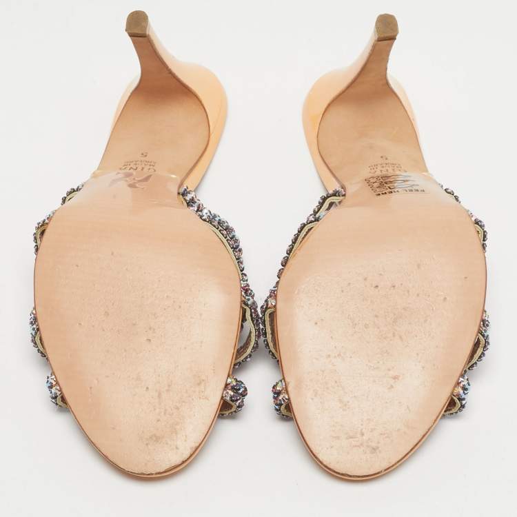 Pre Owned Gina Orange Leather Slide Crystal Embellished Slide Sandals Size 38