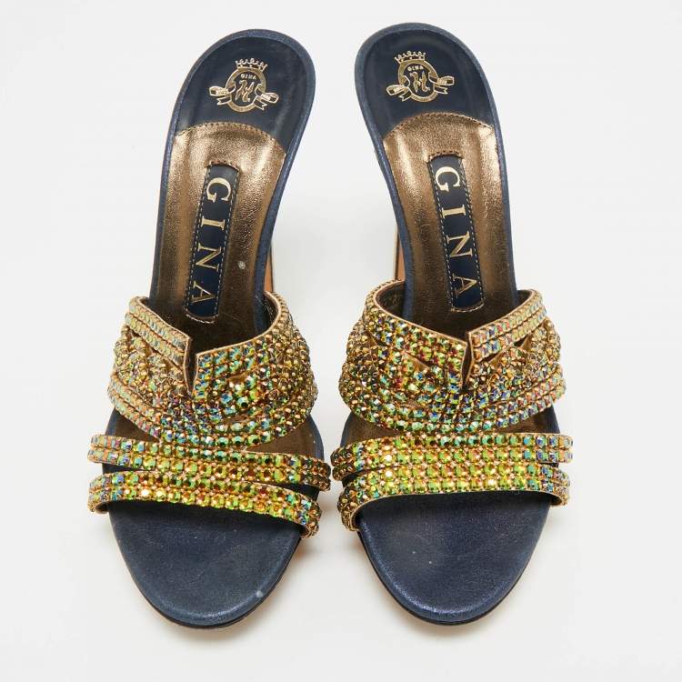 Pre Owned Gina Mlticollor Leather Crystal Embellished Slide Sandals Size 37