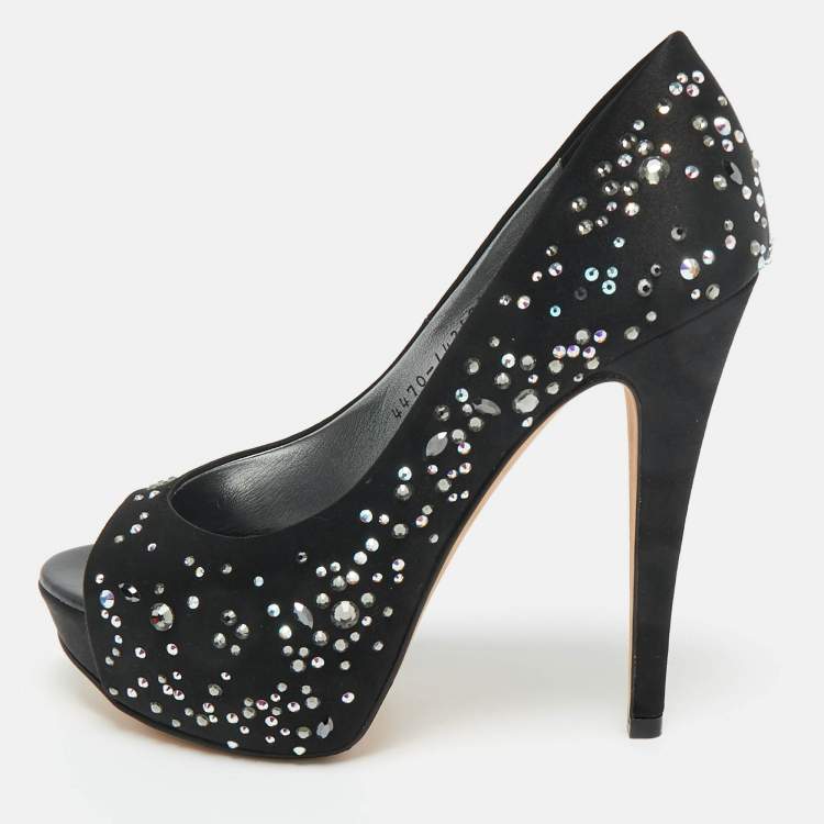 Pre Owned Gina Black Crystal Embellished Satin Open Toe Platform Pumps Size 39