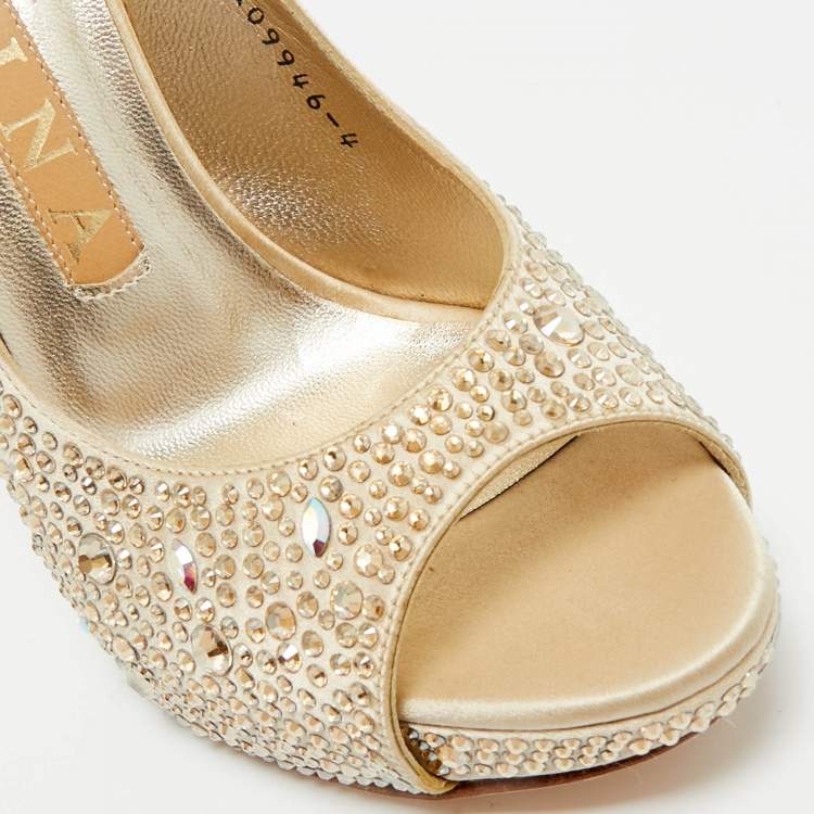 Pre Owned Gina Gold Satin Swarovski Embellished Slingback Sandals Size 37