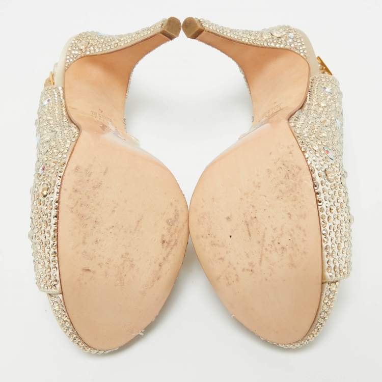 Pre Owned Gina Gold Satin Swarovski Embellished Slingback Sandals Size 37