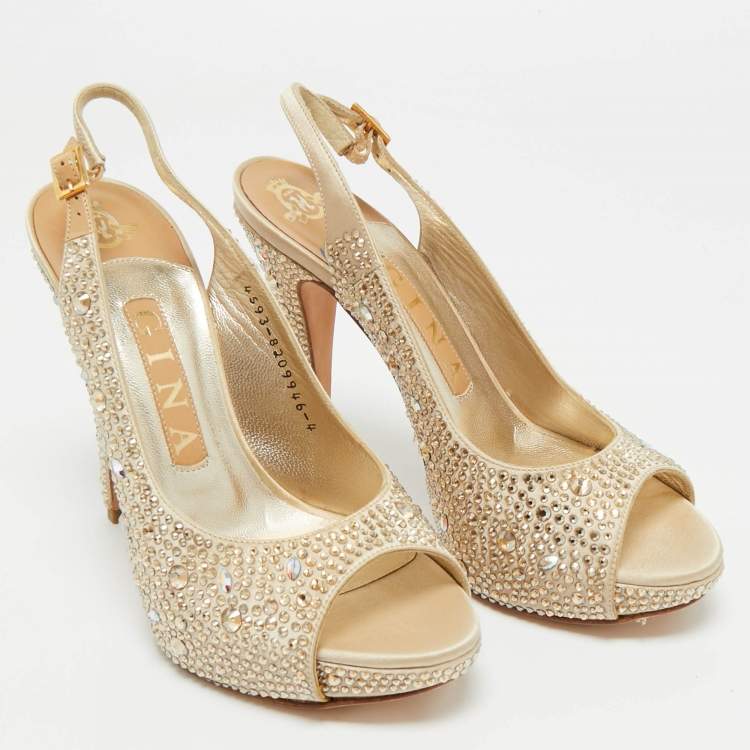 Pre Owned Gina Gold Satin Swarovski Embellished Slingback Sandals Size 37