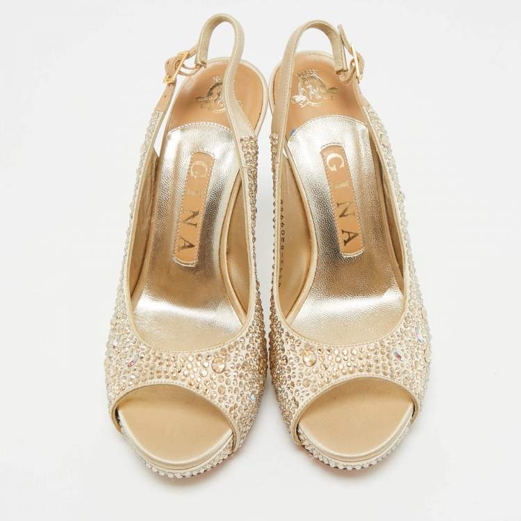 Pre Owned Gina Gold Satin Swarovski Embellished Slingback Sandals Size 37