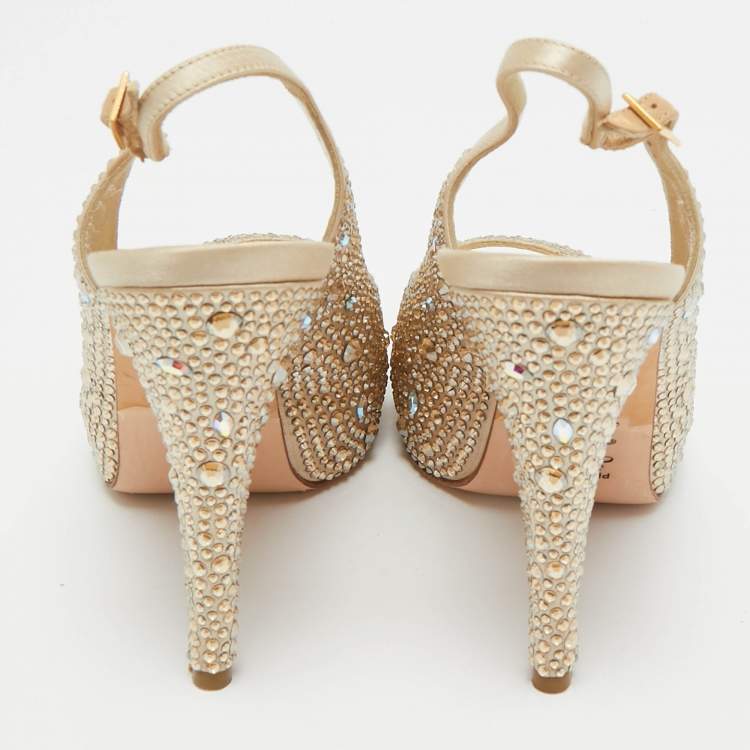 Pre Owned Gina Gold Satin Swarovski Embellished Slingback Sandals Size 37