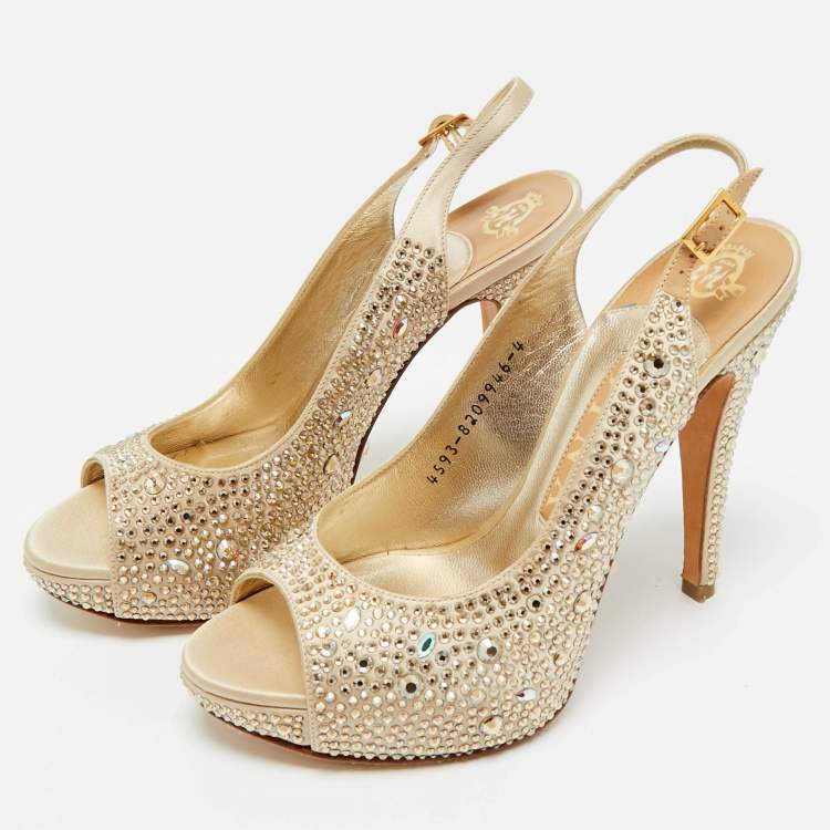 Pre Owned Gina Gold Satin Swarovski Embellished Slingback Sandals Size 37