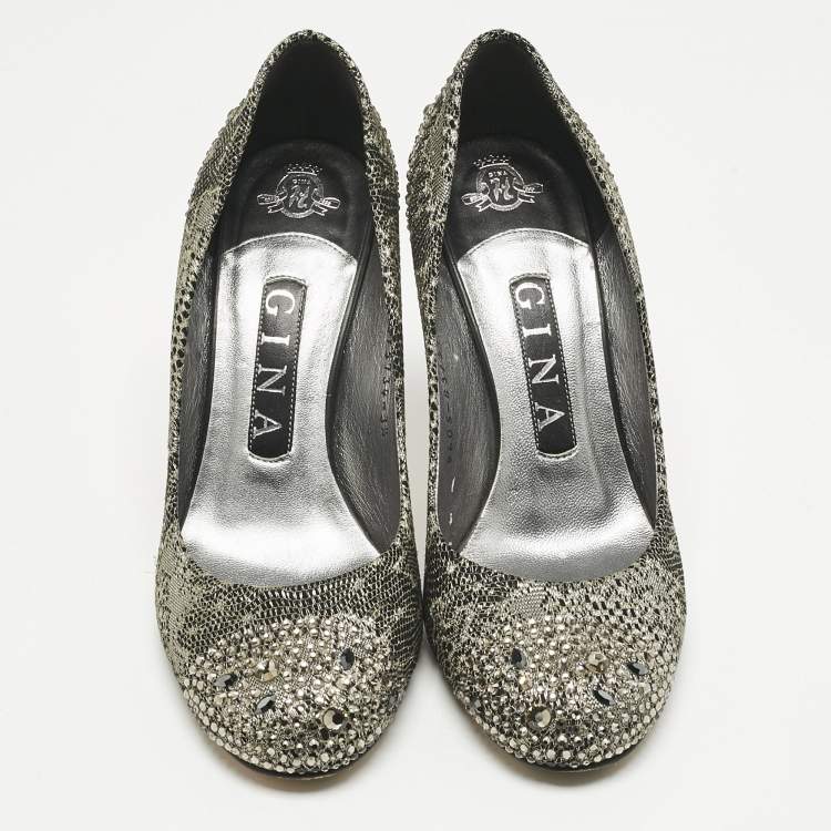 Pre Owned Gina Black/Gold Lace  Crystals Embellished Pumps Size 36.5