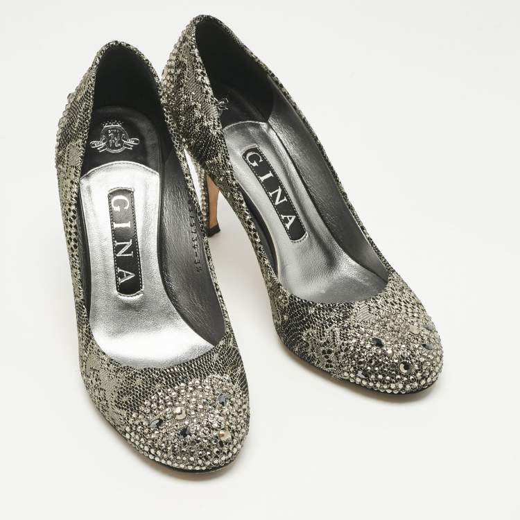 Pre Owned Gina Black/Gold Lace  Crystals Embellished Pumps Size 36.5