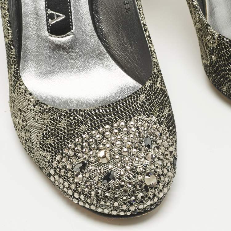 Pre Owned Gina Black/Gold Lace  Crystals Embellished Pumps Size 36.5