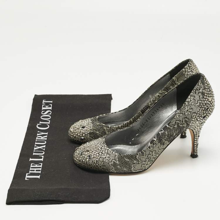Pre Owned Gina Black/Gold Lace  Crystals Embellished Pumps Size 36.5