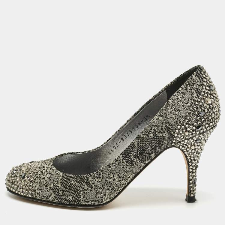 Pre Owned Gina Black/Gold Lace  Crystals Embellished Pumps Size 36.5