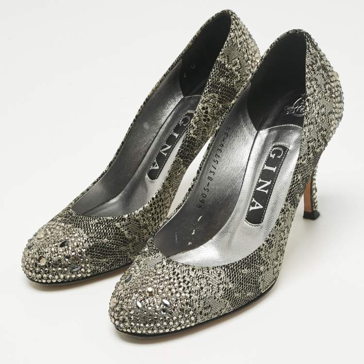 Pre Owned Gina Black/Gold Lace  Crystals Embellished Pumps Size 36.5
