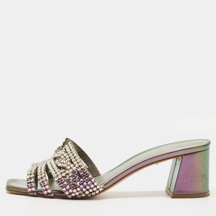 Pre Owned Gina Multicolor Leather Crystal Embellish Utah Slide Sandals Size 39