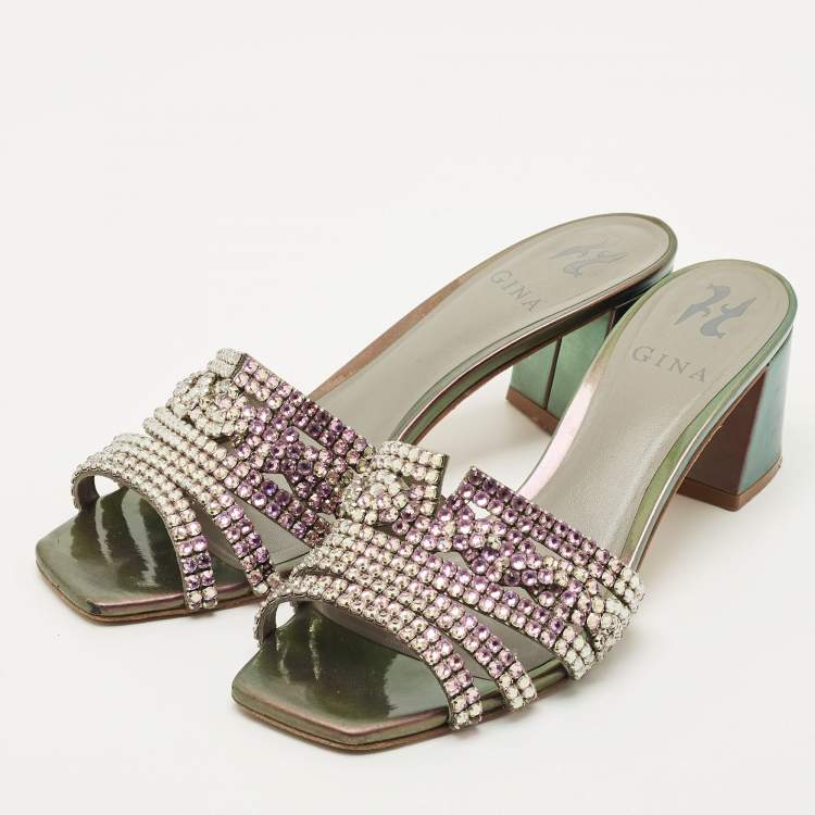 Pre Owned Gina Multicolor Leather Crystal Embellish Utah Slide Sandals Size 39