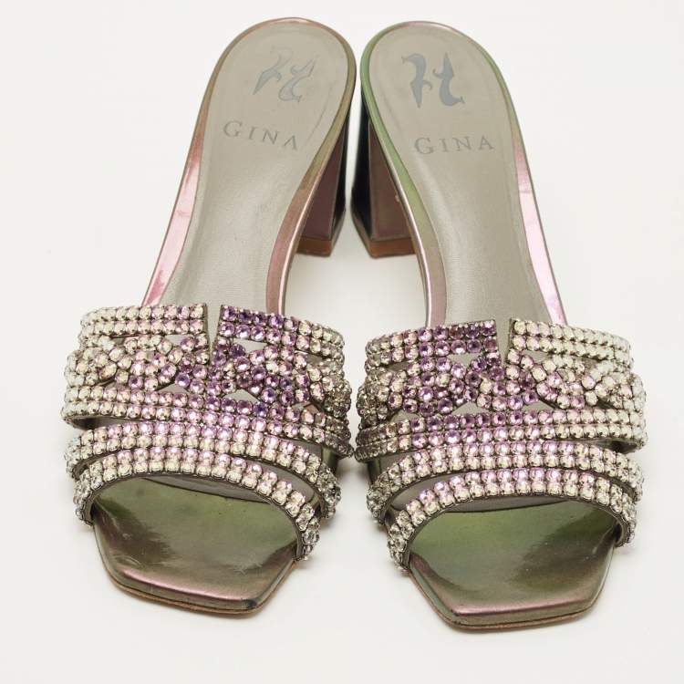 Pre Owned Gina Multicolor Leather Crystal Embellish Utah Slide Sandals Size 39
