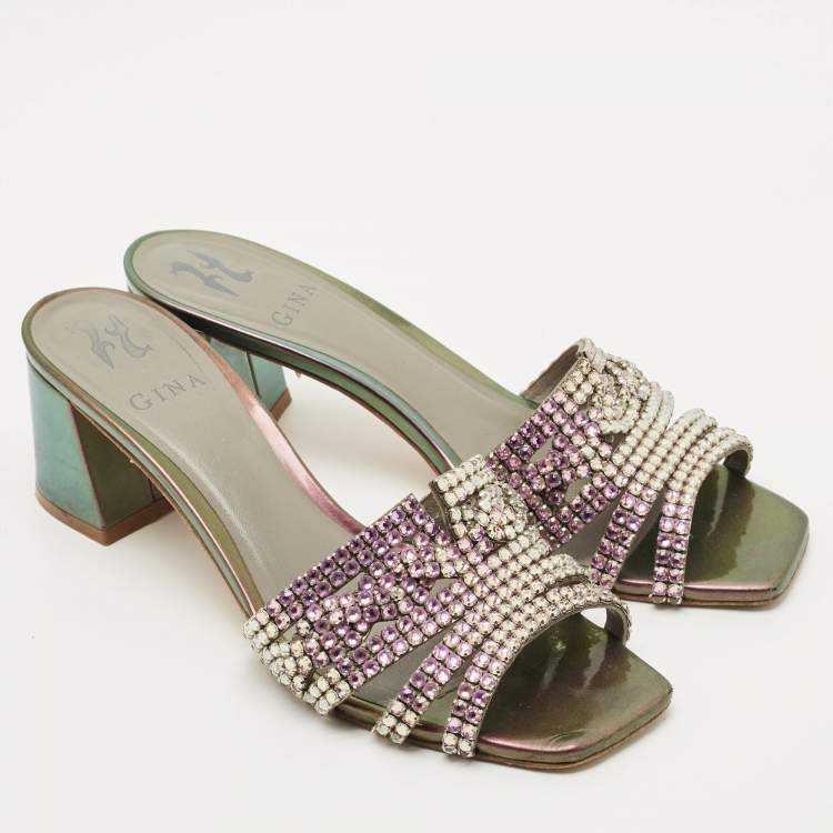 Pre Owned Gina Multicolor Leather Crystal Embellish Utah Slide Sandals Size 39