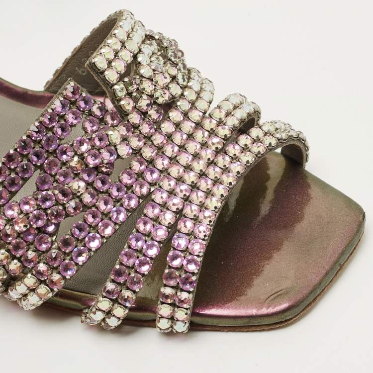 Pre Owned Gina Multicolor Leather Crystal Embellish Utah Slide Sandals Size 39