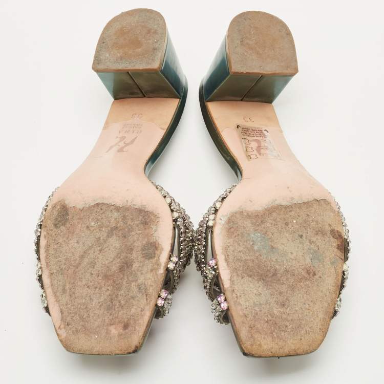 Pre Owned Gina Multicolor Leather Crystal Embellish Utah Slide Sandals Size 39