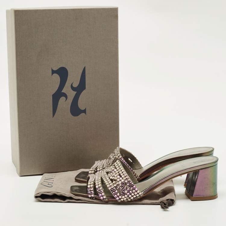 Pre Owned Gina Multicolor Leather Crystal Embellish Utah Slide Sandals Size 39