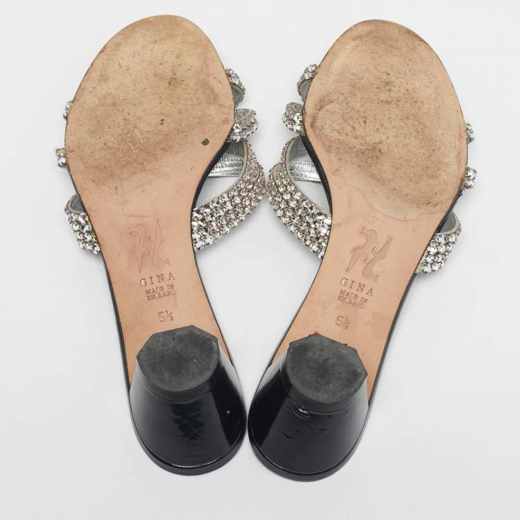 Pre Owned Gina Silver Leather Crystal Embellished Slide Sandals Size 38.5