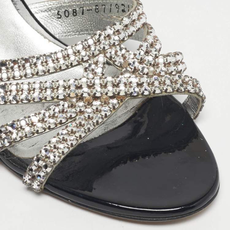 Pre Owned Gina Silver Leather Crystal Embellished Slide Sandals Size 38.5