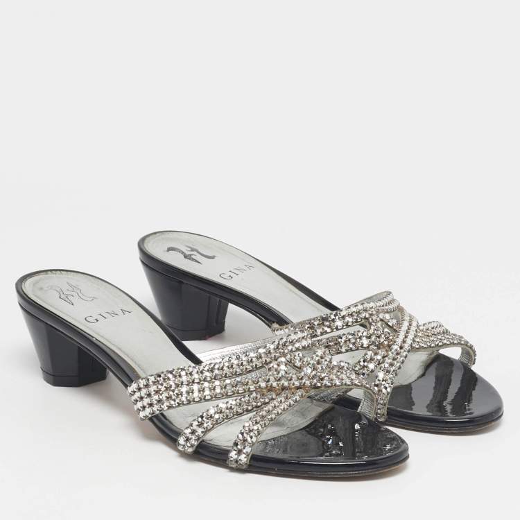 Pre Owned Gina Silver Leather Crystal Embellished Slide Sandals Size 38.5