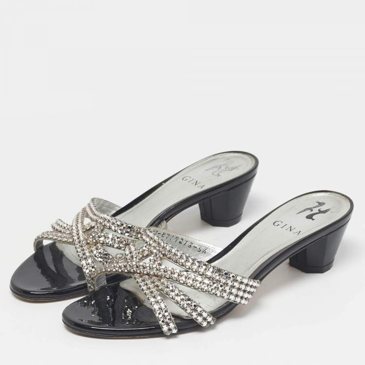 Pre Owned Gina Silver Leather Crystal Embellished Slide Sandals Size 38.5